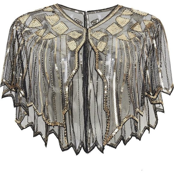Women Sequin  Beaded Evening flapper Cape 1920s Shawl Wraps (Gold) - Picture 1 of 6